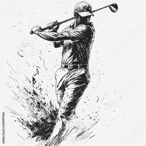 Dynamic sketch of a golfer executing a powerful swing in a monochrome style with copy space