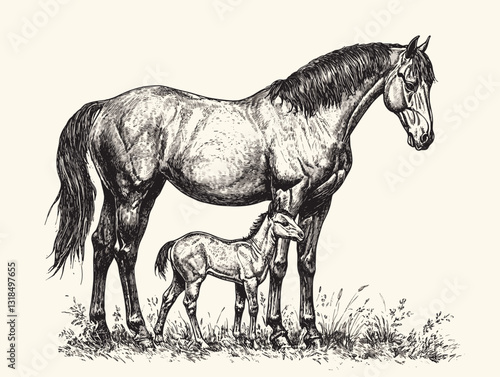 Charming sketch of a mare and her foal standing together in a natural setting in a detailed monochrome style with copy space
