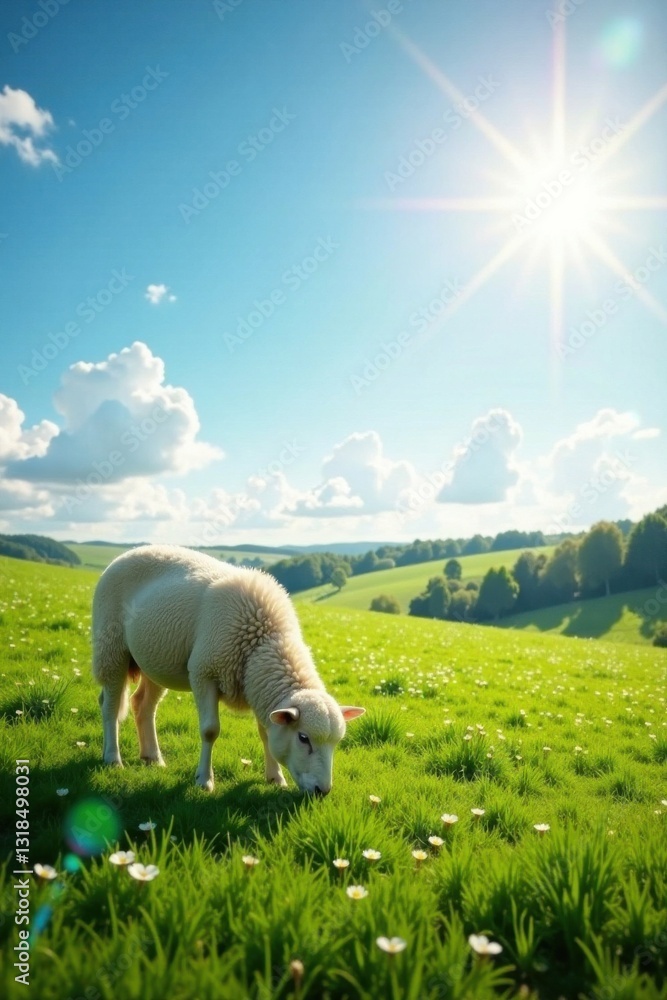 Fototapeta premium Gentle sheep grazing under a sunny sky , open field, sheep, clouds