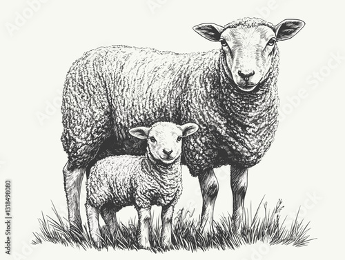 Charming sketch of a sheep and its lamb standing together in a natural setting in a detailed monochrome style with copy space