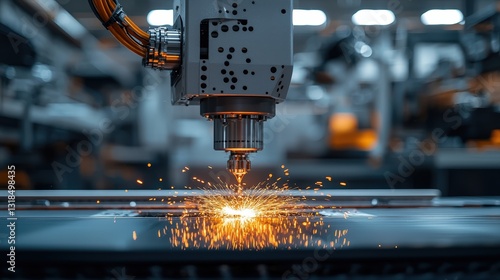 Industrial 3D printer manufacturing precision metal parts in a high-tech factory setting, robotic arms operating in the background, sparks flying from laser sintering process