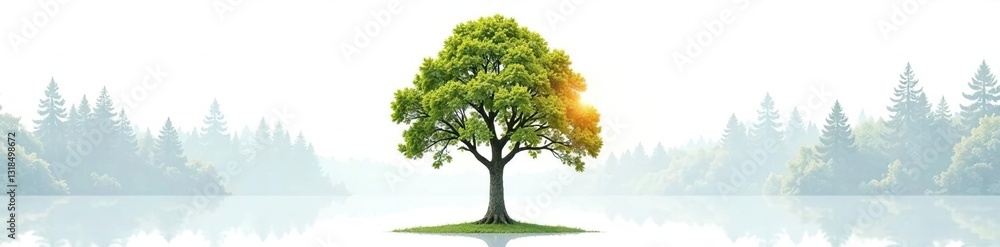 Isolated tree on a white background with reflections of surrounding trees, forest, peaceful, leafy