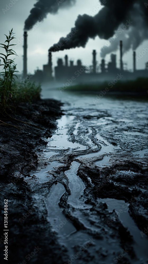 Industrial factory emitting thick black smoke, a river polluted with chemicals, dying plants along the banks, toxic air contaminating the surroundings Industrial factory emitting thick black smoke, a river polluted with chemicals, dying plants along the banks, toxic air contaminating the surroundings
