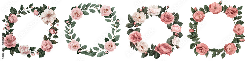 Beautiful hand drawn of elegant floral wreath and frame designs made with roses peonies leaves and other lush foliage in a romantic vintage style Perfect for wedding greeting card Beautiful hand drawn of elegant floral wreath and frame designs made with roses peonies leaves and other lush foliage in a romantic vintage style Perfect for wedding greeting card