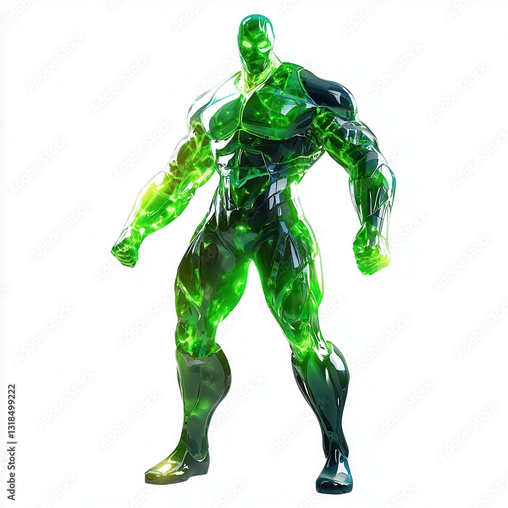 Toxic-themed Superhero with a green glow, isolated on clear white background Toxic-themed Superhero with a green glow, isolated on clear white background
