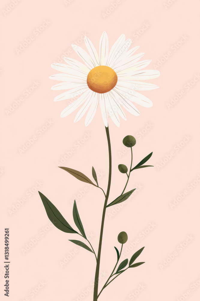 Naklejka premium cute daisy flower white petals and warm yellow center on a long greenstem with small rounded leaves on a light pink background. Soft and minimalistic style,