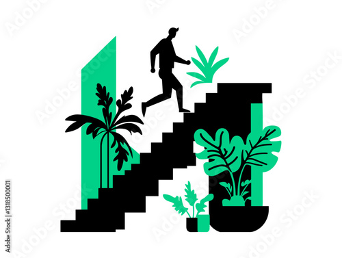 Person running up stairs surrounded by tropical plants in a bold graphic design with copy space
