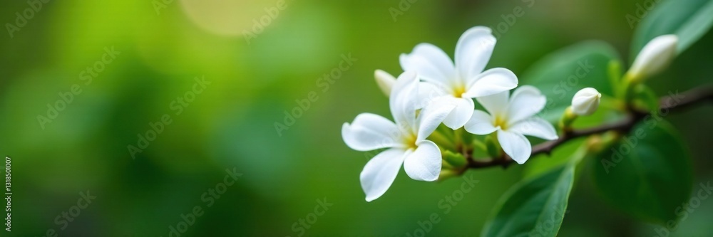 Delicate jasmine flowers unfolding on a branch, foliage, garden Delicate jasmine flowers unfolding on a branch, foliage, garden