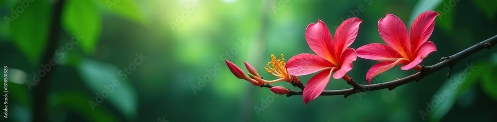 Fototapeta premium Exotic flowers bloom on a tree branch in the jungle, exotic blooms, flowers