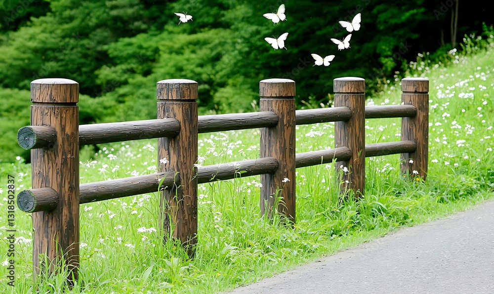 Rustic Wooden Fence in a Green Meadow with Butterflies Fluttering in Bright Sunshine