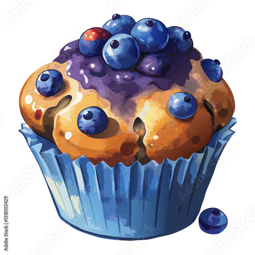 Watercolor Blueberry Muffin with Fluffy Cake and Juicy Berries. Perfect for: Breakfast menus, brunch promotions, Mother’s Day, casual gatherings