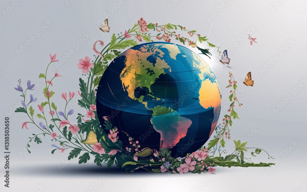 Naklejka premium Spring Equinox Spring Globe, Earth surrounded by flowers and butterflies (1)