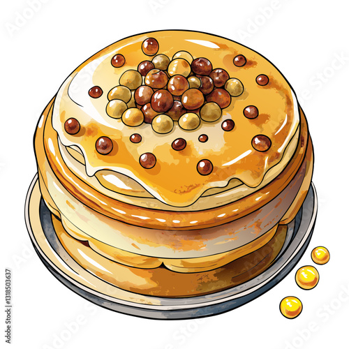 Watercolor Bubble Tea Soufflé Pancake with Brown Sugar Pearls. Perfect for: Asian dessert promotions, bubble tea shops, trendy café menus, birthdays