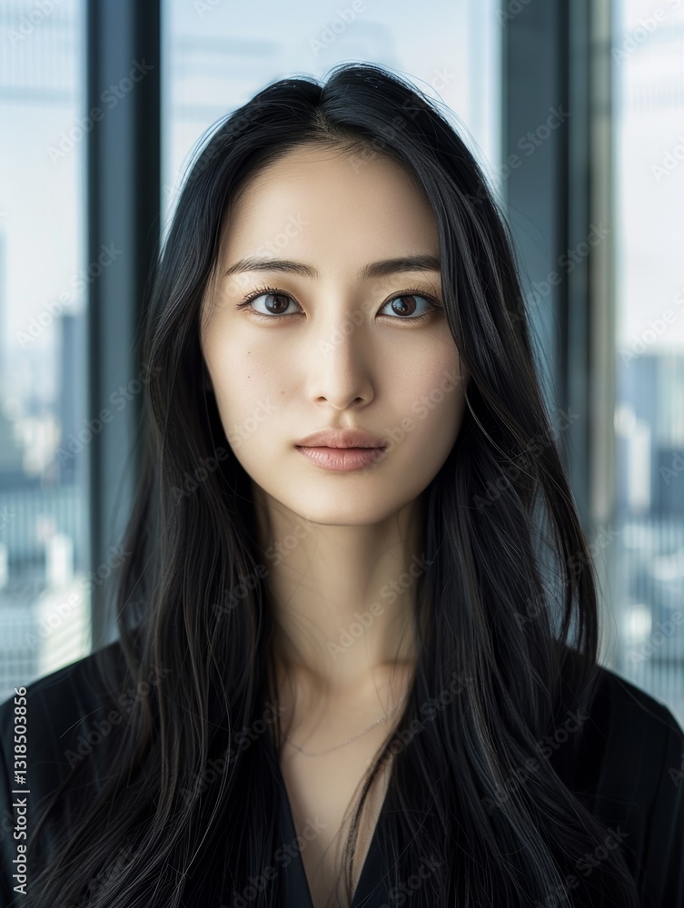 Hyperrealistic Portrait of a Young Japanese Woman with Long Black Hair and Fair Skin Hyperrealistic Portrait of a Young Japanese Woman with Long Black Hair and Fair Skin