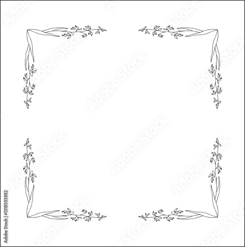 Elegant black and white ornamental frame with cereal spikelets, wheat ears, decorative border, corners for greeting cards, banners, business cards, invitations, menus. Isolated vector illustration.	
