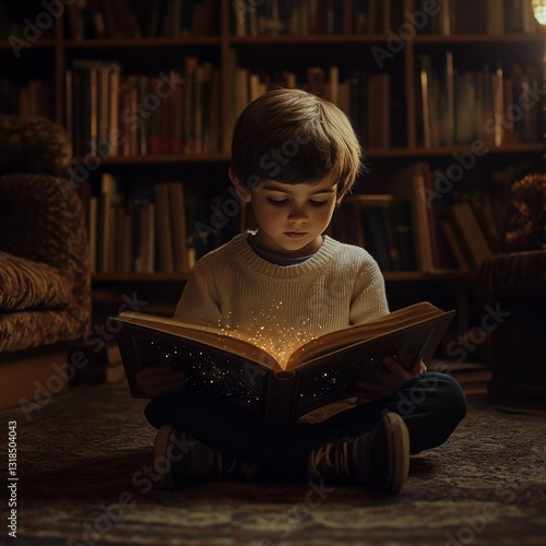 Young boy immersed in magical book reading experience in cozy library setting during evening hours