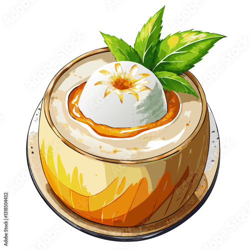 Watercolor Coconut Panna Cotta with Coconut Flakes. Perfect for: Summer parties, tropical-themed events, high-end dining, beach weddings
