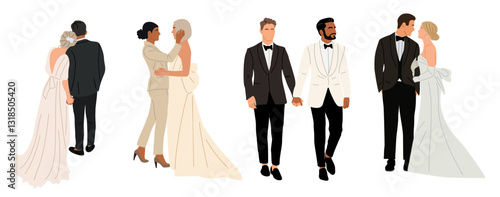 Set of wedding couple, including lesbian and gay newlyweds vector flat illustration. Collection of cute wedding ceremonies isolated on transparent background. Romantic scenes celebrating marriage
