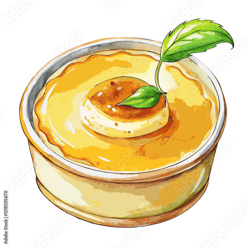 Watercolor Madagascar Vanilla Crème Brûlée with Caramelized Sugar. Perfect for: French dessert menus, gourmet bakery promotions, fine dining advertisements