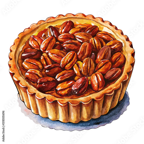 Watercolor Maple Pecan Tart with Caramelized Pecans. Perfect for: Fall-themed menus, Thanksgiving promotions, artisanal bakery branding