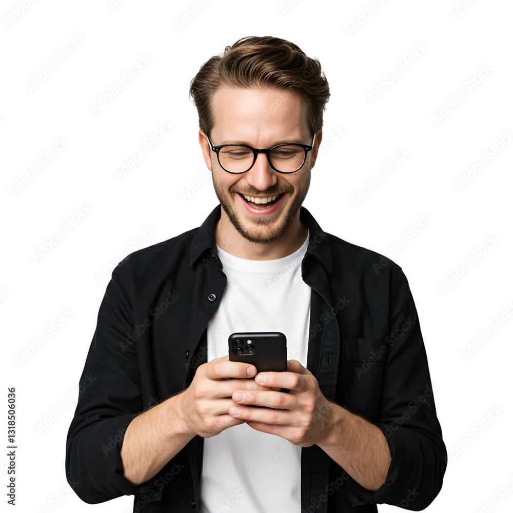 Young Happy Man Looking at His Phone, PNG format Young Happy Man Looking at His Phone, PNG format