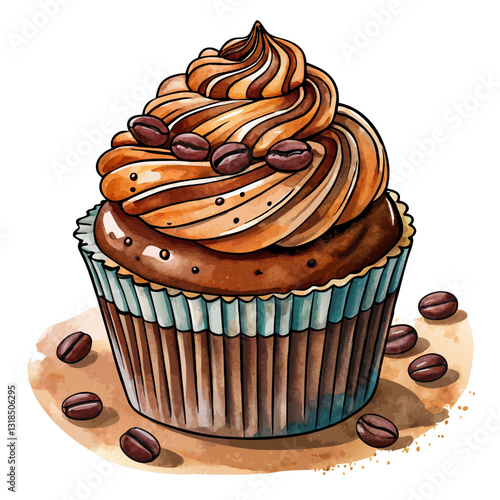 Watercolor Mocha Coffee Cupcake with Cocoa Dusting and Coffee Beans. Perfect for: Coffee shop branding, bakery menu design, caffeine lovers' desserts