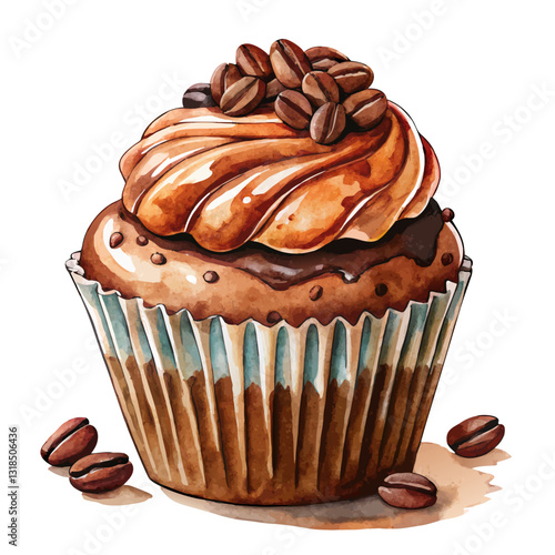 Watercolor Mocha Coffee Cupcake with Cocoa Dusting and Coffee Beans. Perfect for: Coffee shop branding, bakery menu design, caffeine lovers' desserts
