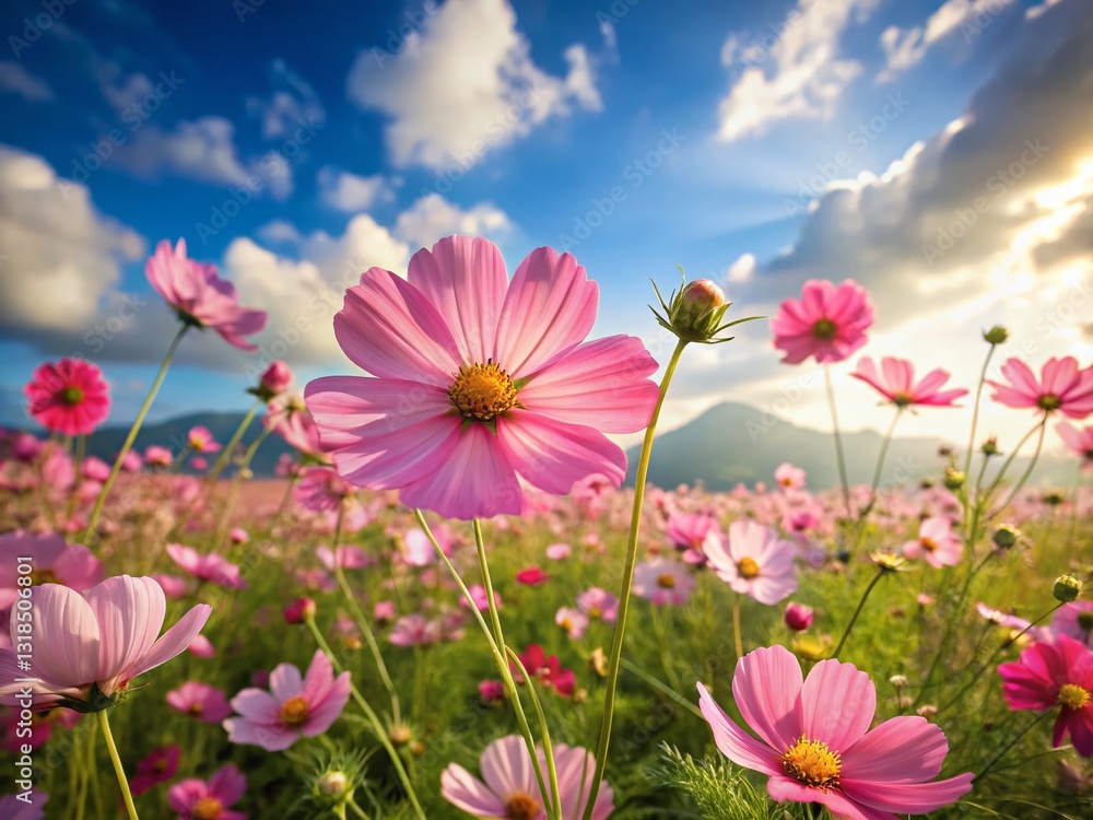 Pink Cosmos Flower Field, Beautiful Summer Blossom, Nature Photography Pink Cosmos Flower Field, Beautiful Summer Blossom, Nature Photography