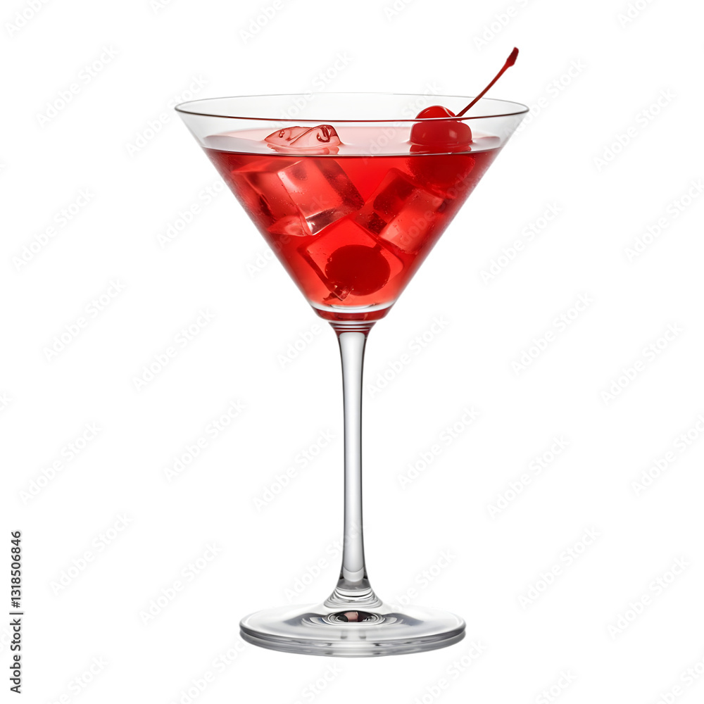 A red martini cocktail in a clear stemmed glass with a maraschino cherry garnish and ice cubes isolated on a transparent background

