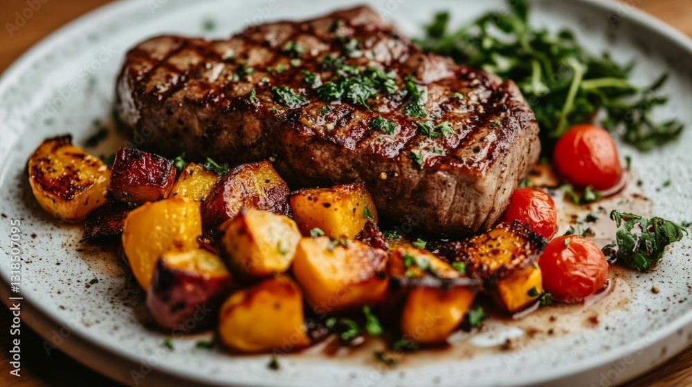 A close-up of a gourmet steak dinner with roasted vegetables and a drizzle of rich sauce on a white ceramic plate A close-up of a gourmet steak dinner with roasted vegetables and a drizzle of rich sauce on a white ceramic plate
