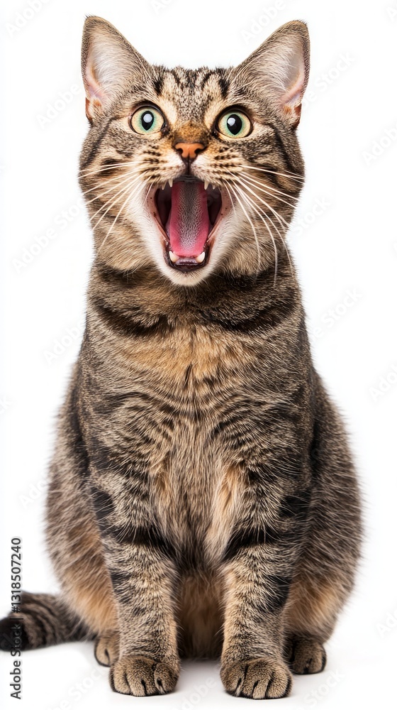 Fototapeta premium Excited Tabby Cat with Open Mouth on White Background
