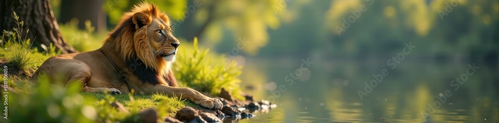 Obraz premium Lion resting by the riverbank, lion, wildlife, wild animals