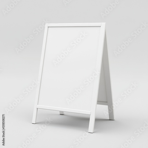 Eye-Level Shot Blank White A-Frame Signboard. Mockup Template, Business Display, Advertising, Promotion, Isolated on White Background, Retail, Restaurant, Cafe, Sidewalk.
