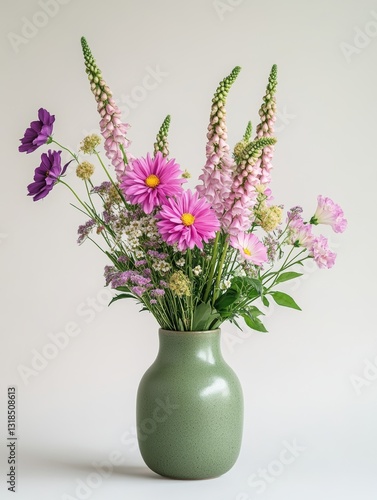 Wallpaper Mural Minimalist Still Life Composition of Fresh Flowers in a Green Vase on a White Background Torontodigital.ca