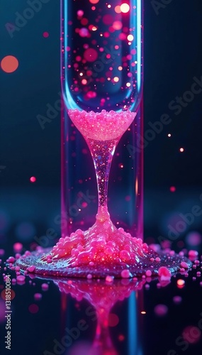 Glittering liquid drips from a holographic cylinder, spooky atmosphere, cyberpunk ambiance