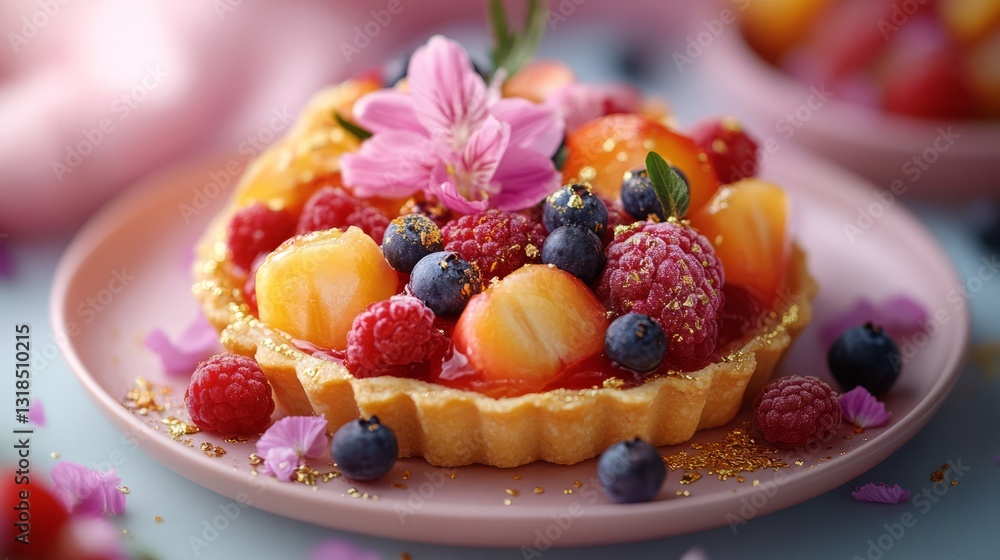 A high-end dessert plate featuring a deconstructed fruit tart with edible flowers and gold flakes A high-end dessert plate featuring a deconstructed fruit tart with edible flowers and gold flakes