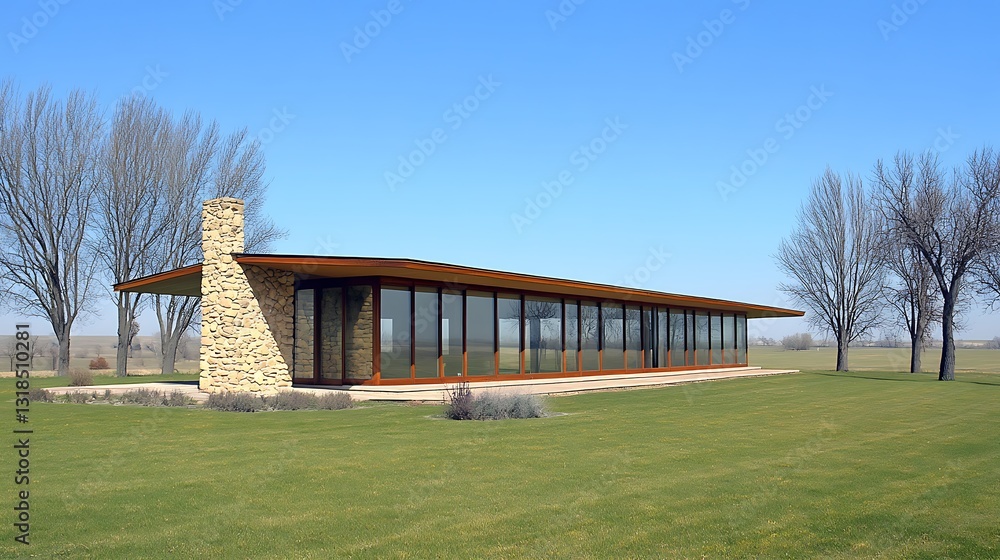 Modern glass pavilion home on grassy field. Modern glass pavilion home on grassy field.