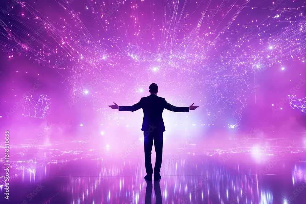 Obraz premium Man in Suit Embracing Vibrant Abstract Cosmic Universe Background