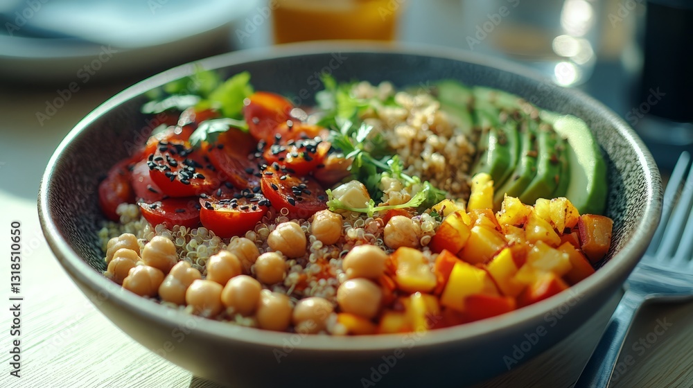 A modern dining table with a vegan Buddha bowl filled with quinoa, avocado, chickpeas, and colorful veggies A modern dining table with a vegan Buddha bowl filled with quinoa, avocado, chickpeas, and colorful veggies