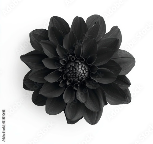 Black dahlia flower with detailed petal structure against a white background creates a striking visual contrast