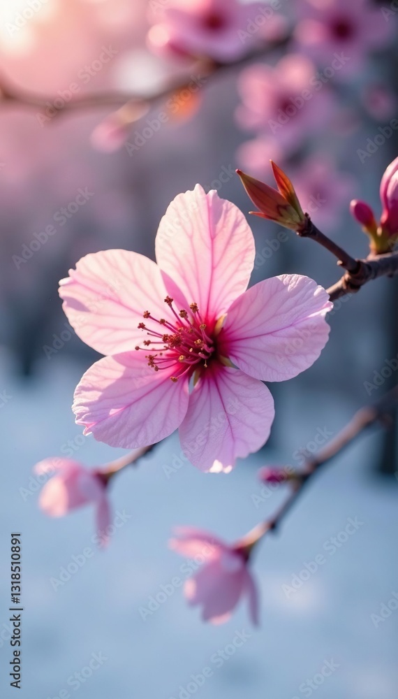 Single cherry blossom petals against a snowy backdrop, isolated, nature Single cherry blossom petals against a snowy backdrop, isolated, nature