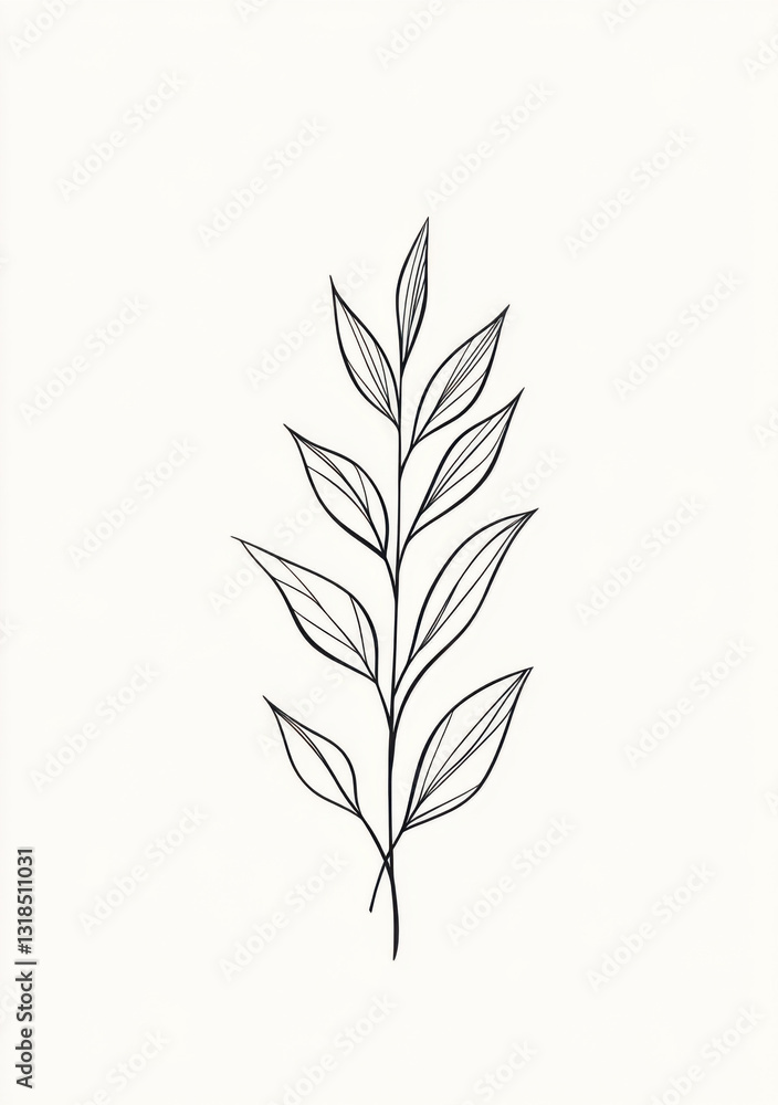 Fototapeta premium A minimalist single-line drawing of an evergreen leaf, simple and elegant, set against a white background for easy engraving.