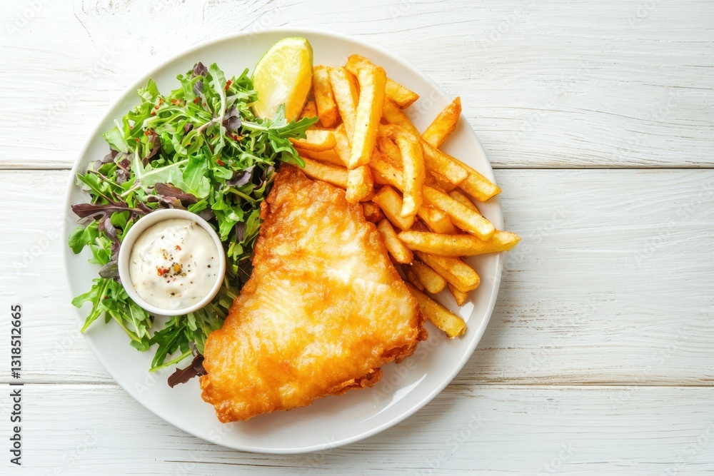 Delicious overhead shot of crispy fish and chips served with fresh salad and dipping sauce bright white wooden table culinary delight inviting presentation Delicious overhead shot of crispy fish and chips served with fresh salad and dipping sauce bright white wooden table culinary delight inviting presentation