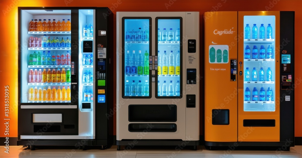 Row of vending machines one selling reusable bottles among plastic options bright artificial lighting symbolizing small sustainable choices Row of vending machines one selling reusable bottles among plastic options bright artificial lighting symbolizing small sustainable choices