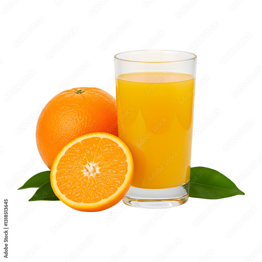 A glass of fresh orange juice with a whole orange and citrus slice isolated on a transparent background A glass of fresh orange juice with a whole orange and citrus slice isolated on a transparent background
