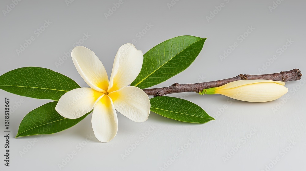 Delicate vanilla flower blossoming on a branch surrounded by lush greenery in a realistic nature photography setting Delicate vanilla flower blossoming on a branch surrounded by lush greenery in a realistic nature photography setting