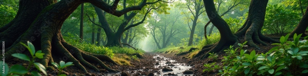 Fototapeta premium Muddy forest with twisted trees and overgrown vegetation, foggy, grunge, decay