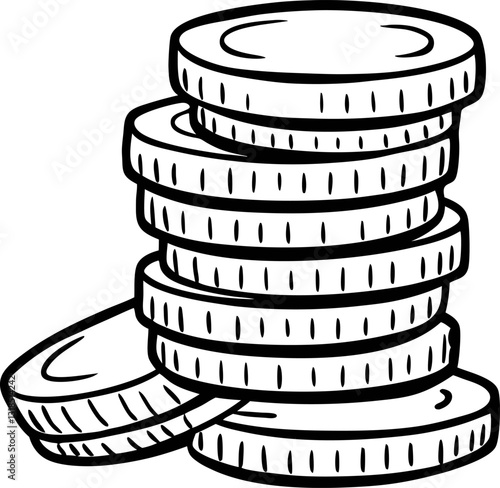Stack of Hand Drawn Coins in Black and White  Style