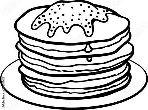 Stack of Pancakes with Syrup Drizzle Black and White Line Art  Illustration