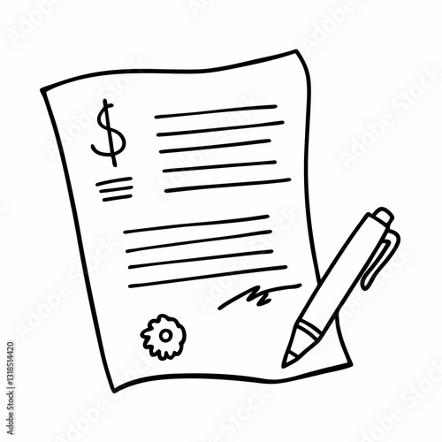Hand drawn Illustration of a Signed Contract with Pen and Dollar Sign